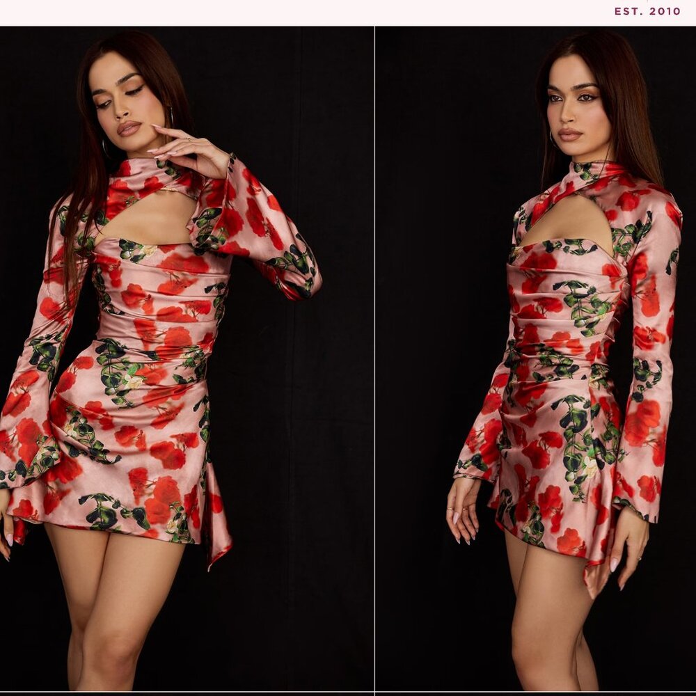 House of CB Pink Floral Satin Mini Dress with Red Roses